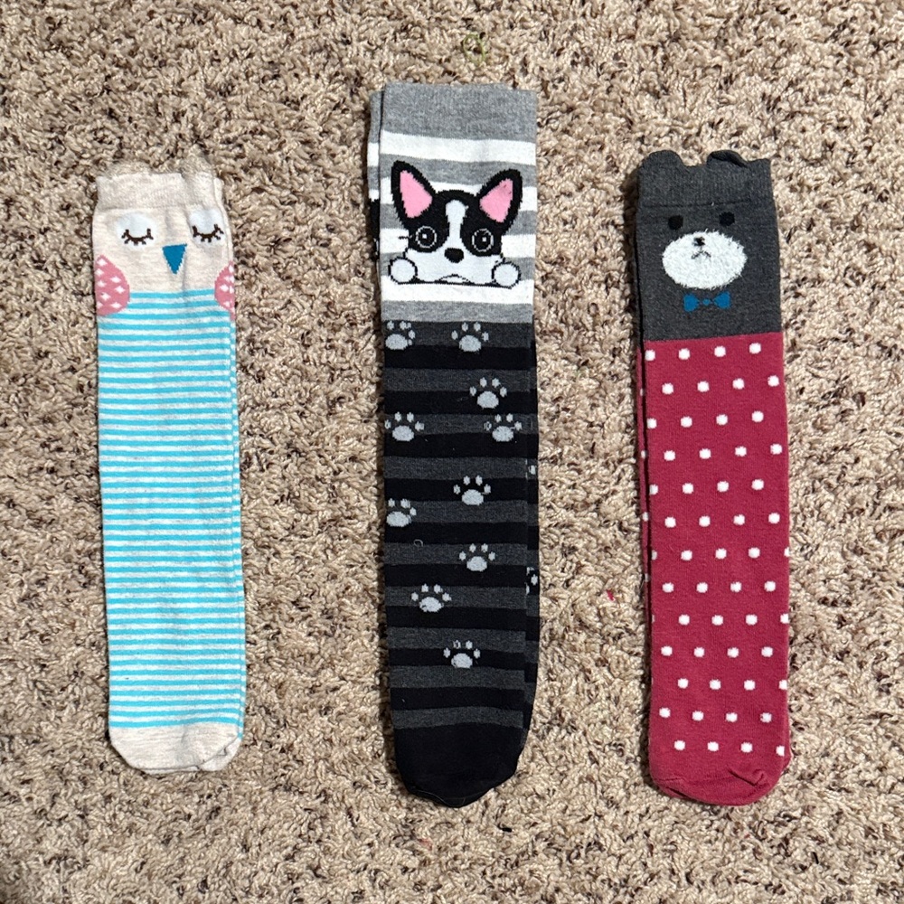 Girls 3 pairs of knee high socks owls bears and puppies